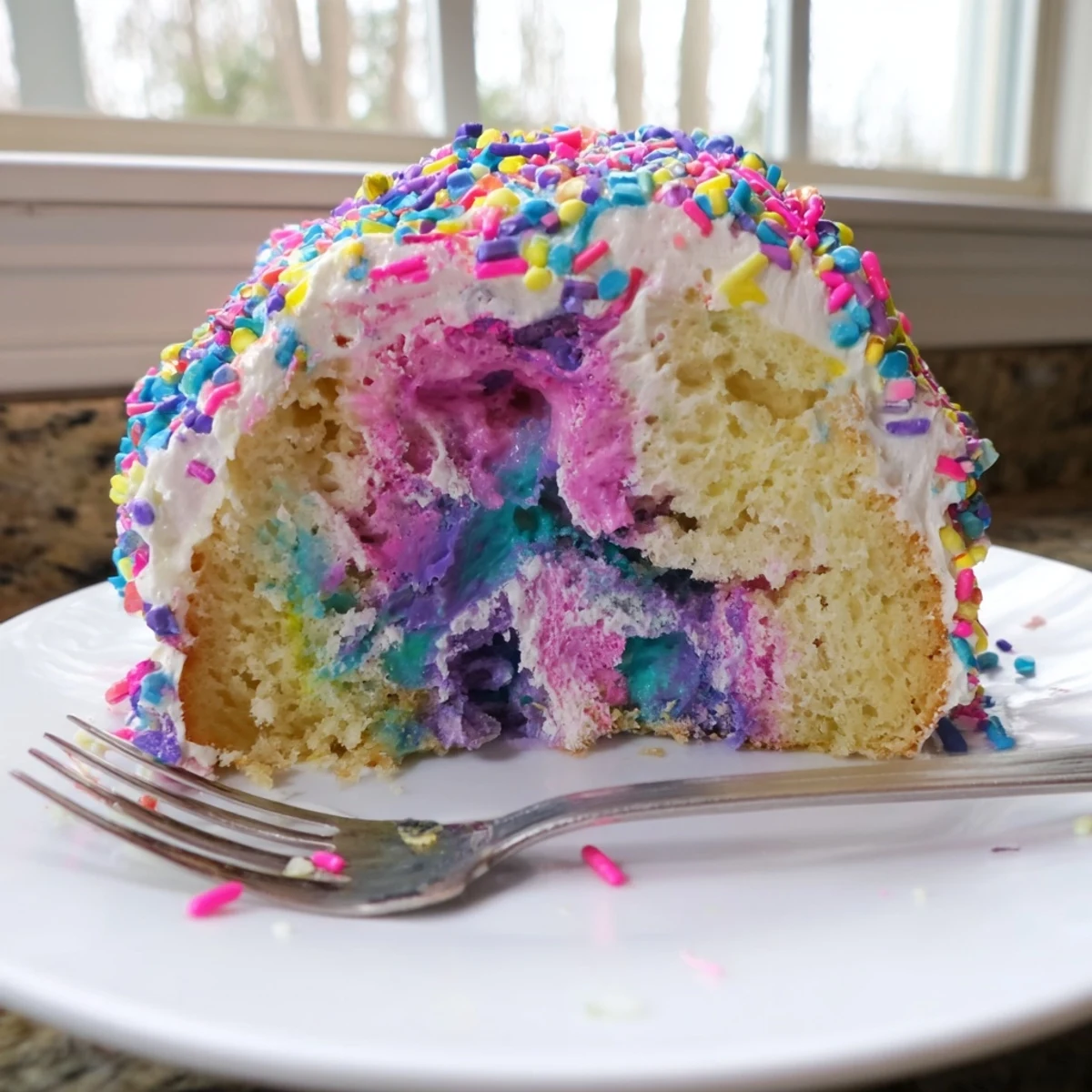 Festive unicorn poke cake finished with whipped topping and confetti sprinkles for parties