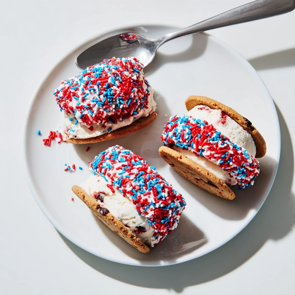 Festive Patriotic Mini Ice Cream Sandwiches coated in red white and blue sprinkles