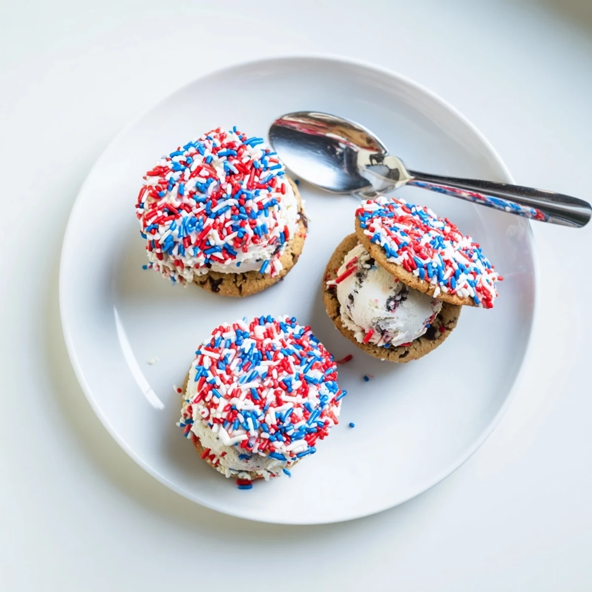 Chewy cookie bites filled with creamy vanilla ice cream and rolled in patriotic sprinkles