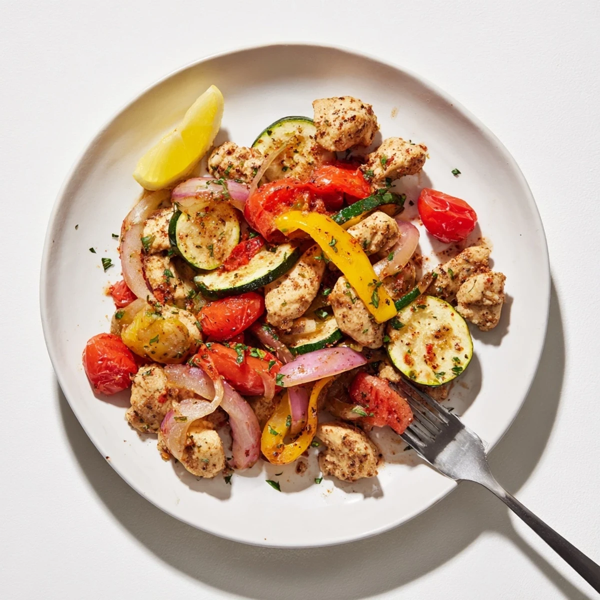 Golden brown chicken and colorful roasted vegetables in a quick flavorful one pan dish