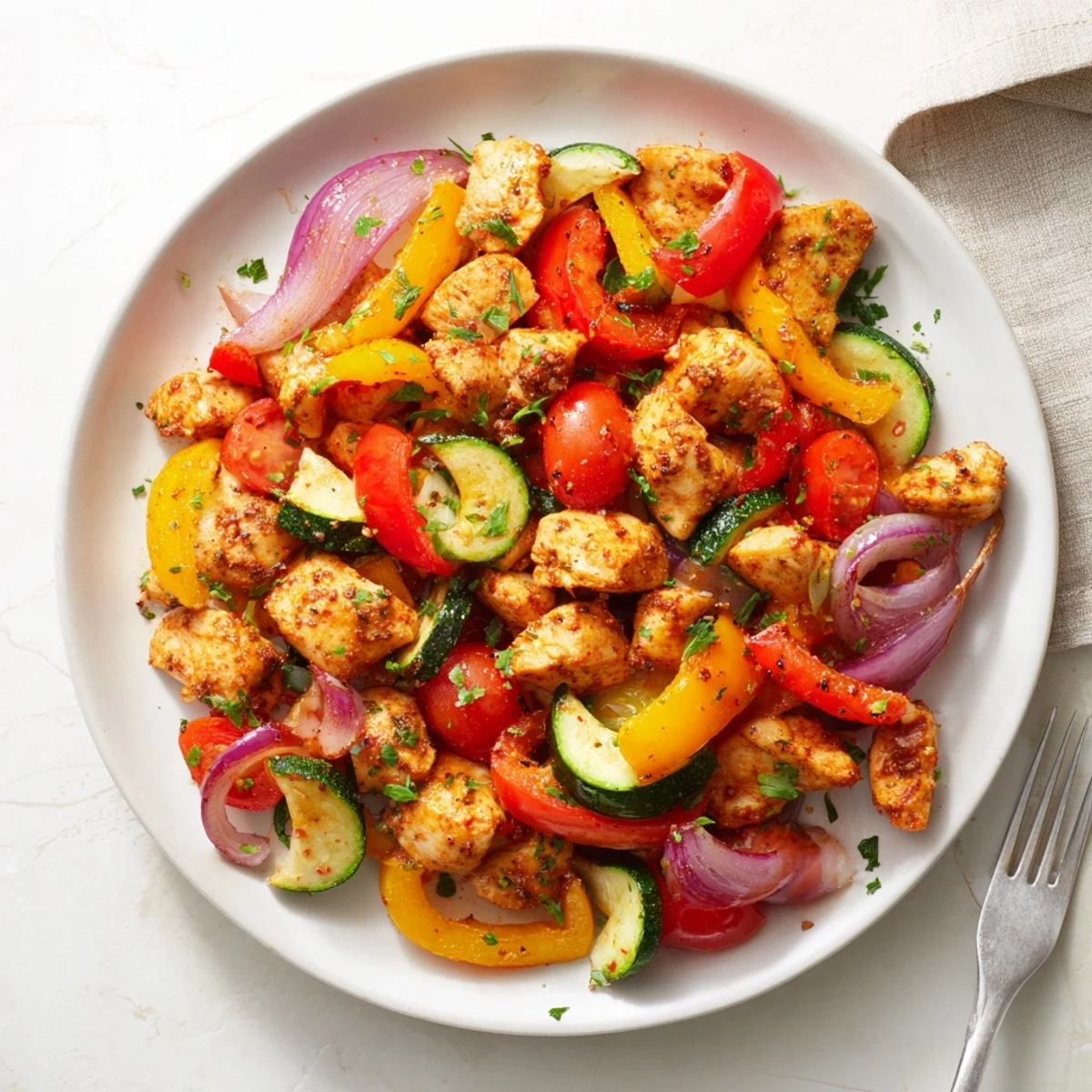 A steaming quick flavorful one pan dish with juicy chicken, tender peppers, and fresh parsley