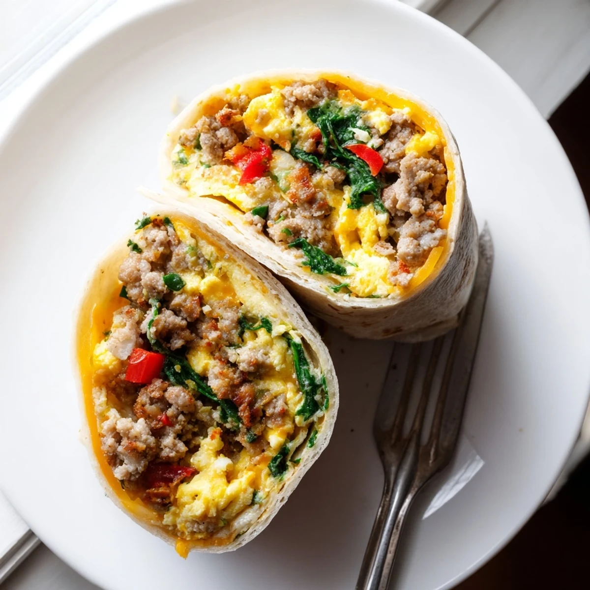 Golden freezer breakfast burritos stuffed with scrambled eggs, melted cheddar, and savory sausage
