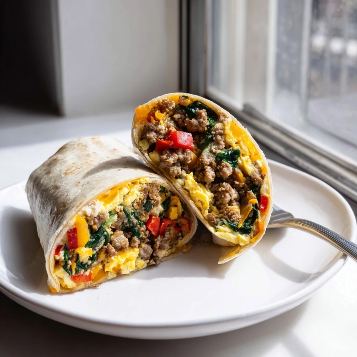 Warm make-ahead freezer breakfast burritos filled with peppers, spinach, and cheesy egg scramble