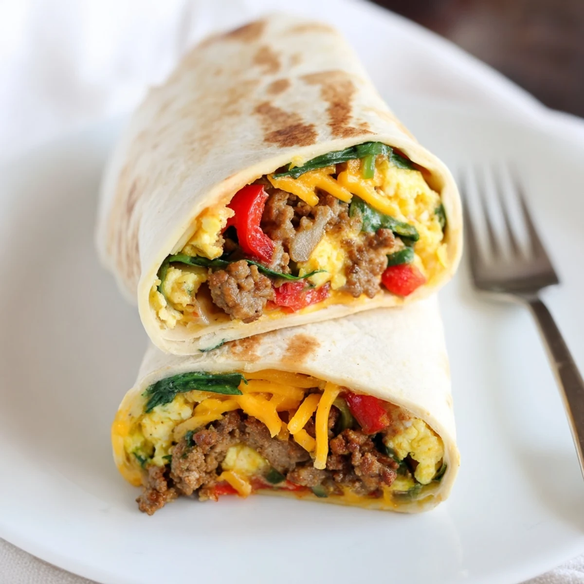 Rolled flour tortilla packed with sausage and eggs in these freezer breakfast burritos