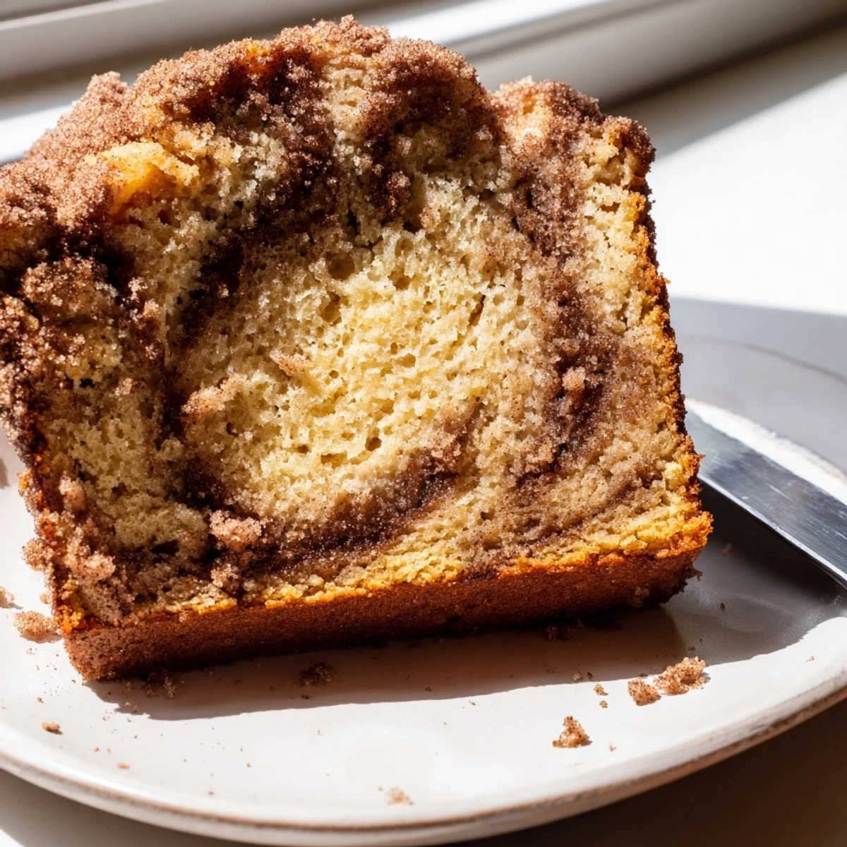 Warm snickerdoodle banana bread loaf topped with a crackled cinnamon-sugar crust fresh from the oven