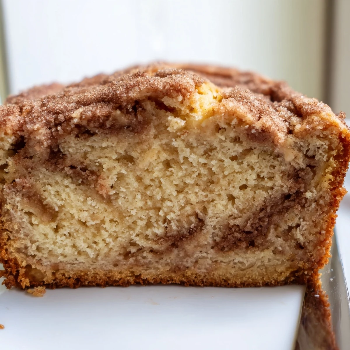 Golden snickerdoodle banana bread sliced on a rustic cutting board with a cinnamon-sugar swirl visible in each piece