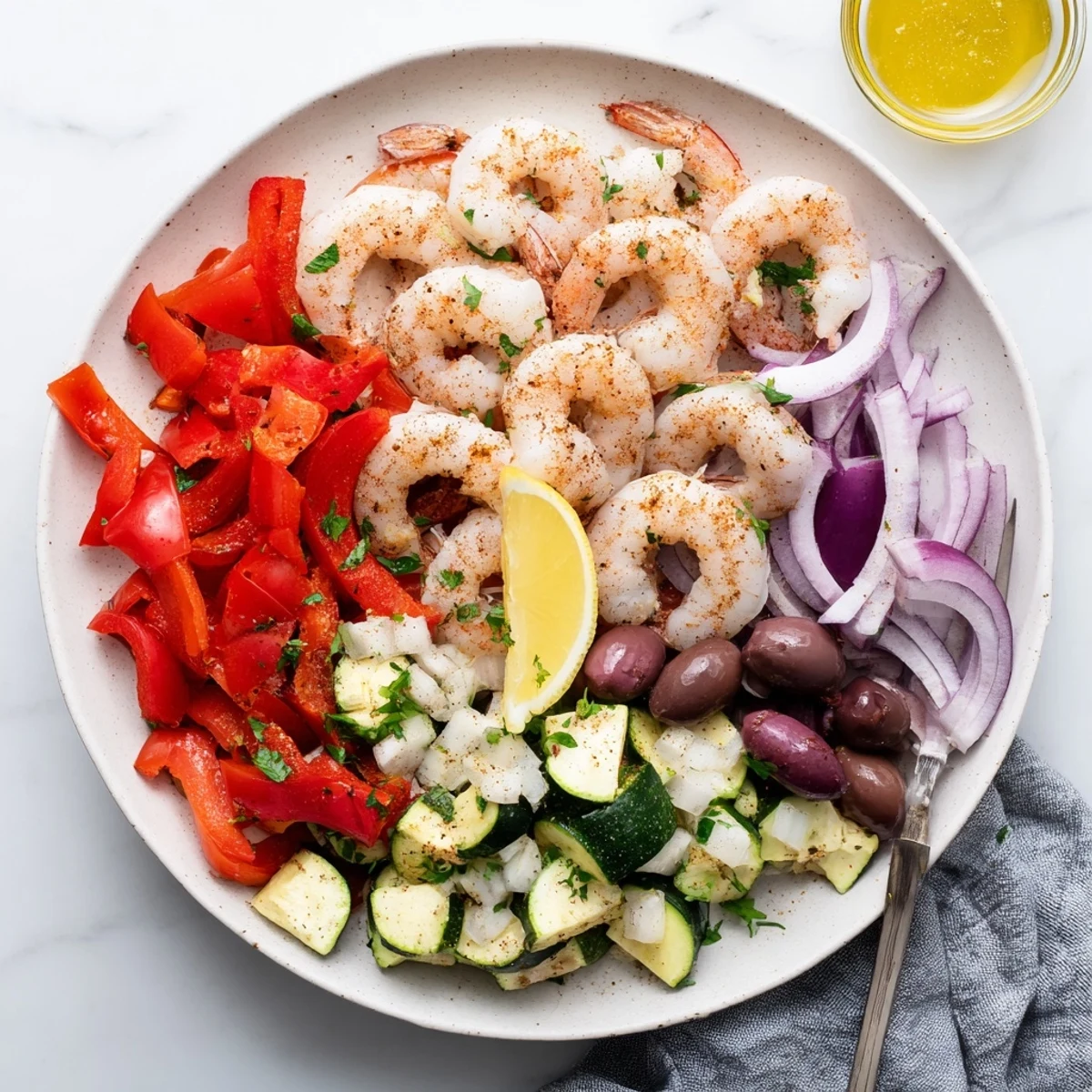 Golden-seared shrimp over a bed of zucchini and peppers in this Mediterranean Shrimp Skillet.