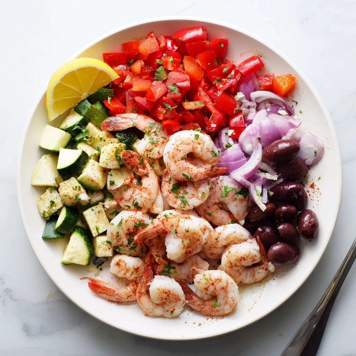 Juicy pink shrimp nestled among cherry tomatoes and olives in a Mediterranean Shrimp Skillet.