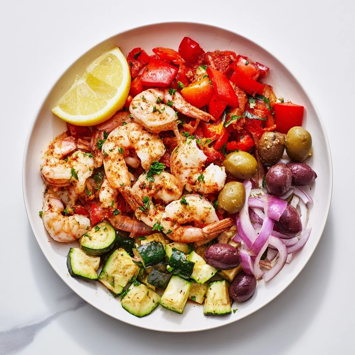 Steaming Mediterranean Shrimp Skillet garnished with fresh parsley and served with lemon wedges.