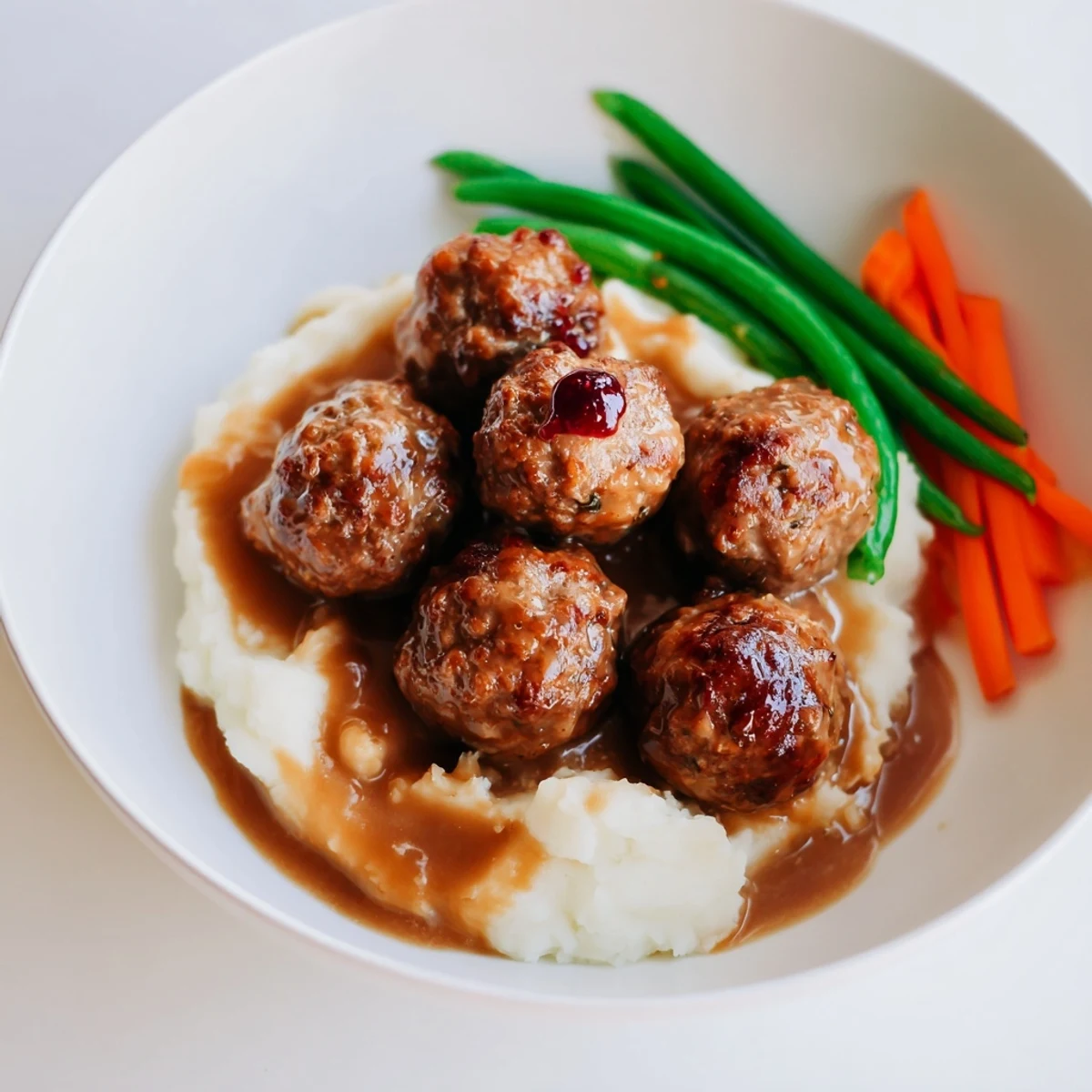 Homemade Ikea Meatballs glistening in creamy gravy, served over buttery mashed potatoes