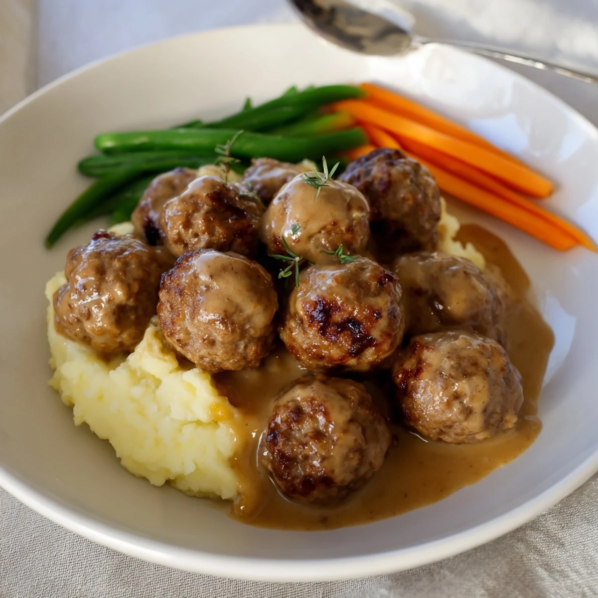 Plate of Homemade Ikea Meatballs browned and tender, topped with mustard-tinged cream