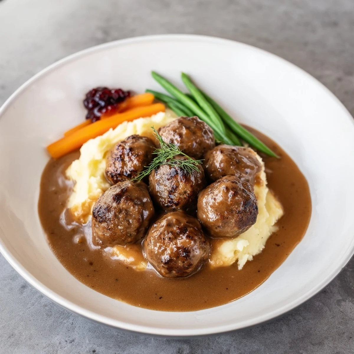 Cozy bowl of Homemade Ikea Meatballs simmering in rich sauce with lingonberry jam
