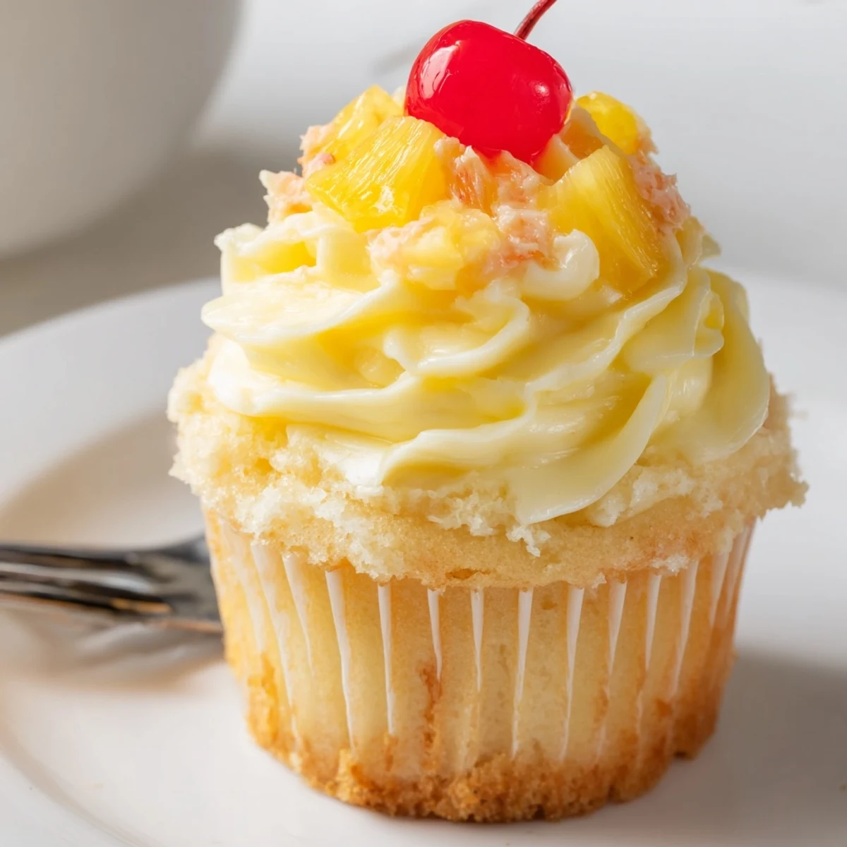 Tray of golden Dole Whip Cupcakes Recipe topped with cream cheese frosting