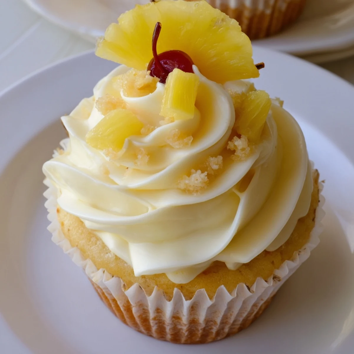Bright, moist Dole Whip Cupcakes Recipe served with dried pineapple flowers and cherries