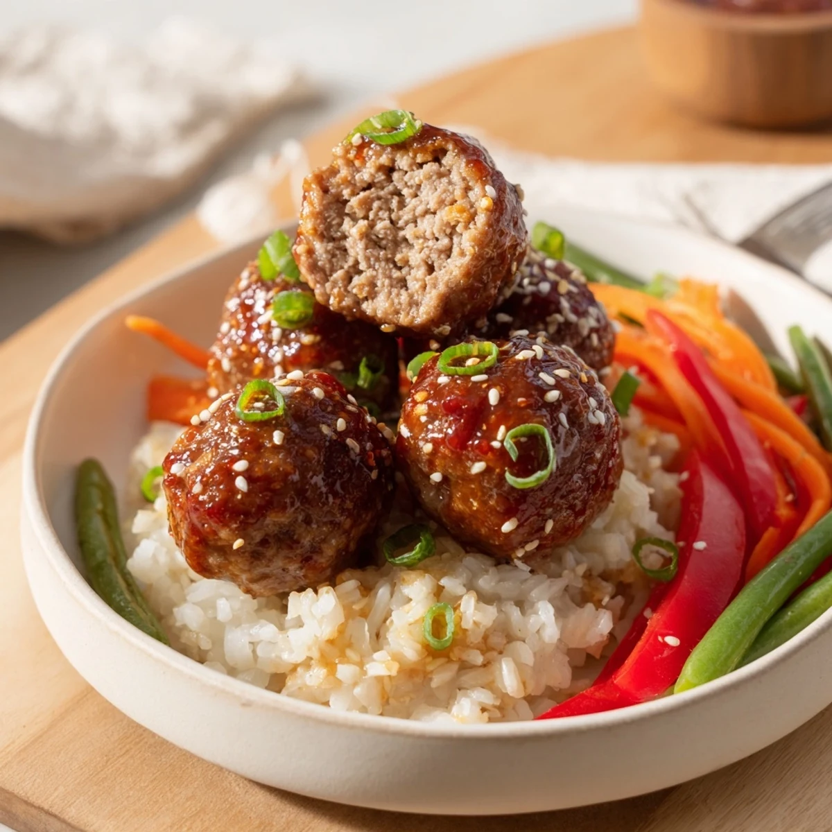 Pan-roasted Hello Fresh Firecracker Meatballs nestled beside crisp sauteed vegetables and rice