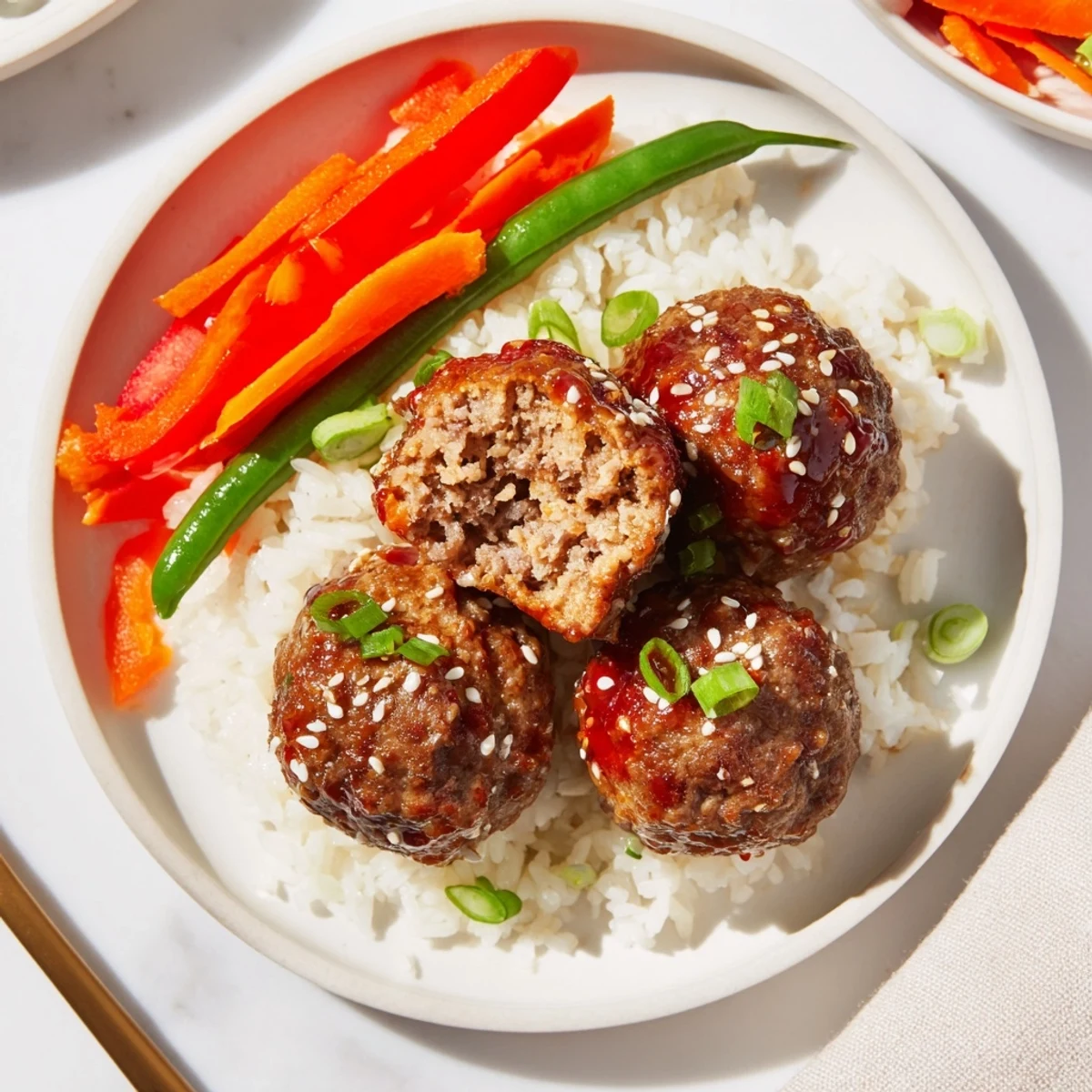 Bite-sized Hello Fresh Firecracker Meatballs topped with sesame seeds and scallion garnish