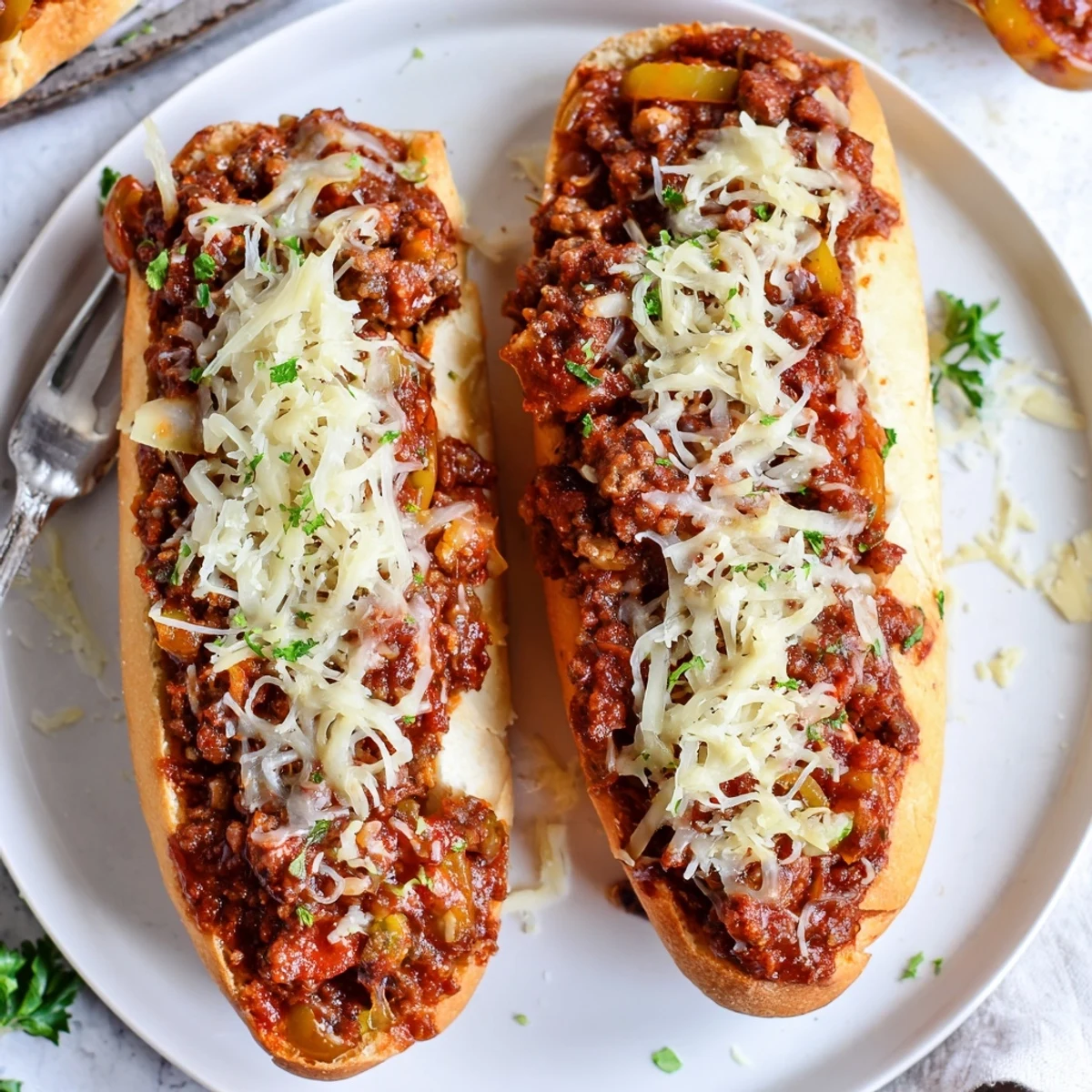 Garlic Bread Sloppy Joes oozing melted cheese, crusty bread, hearty beef filling.