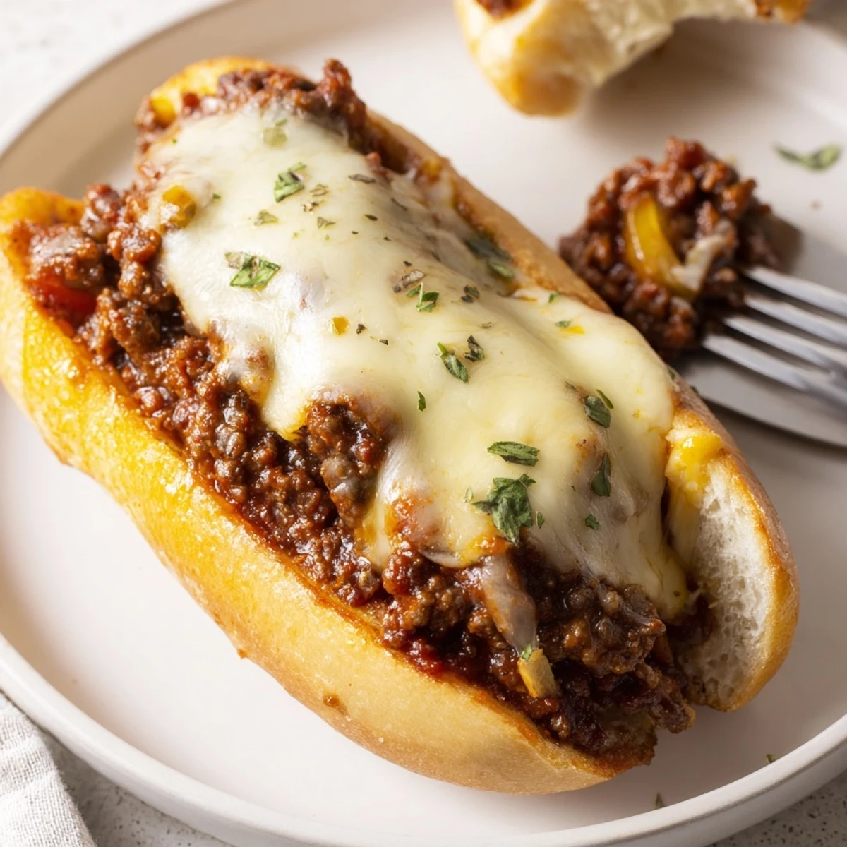Messy, saucy Garlic Bread Sloppy Joes melting cheese, perfect for game-day.