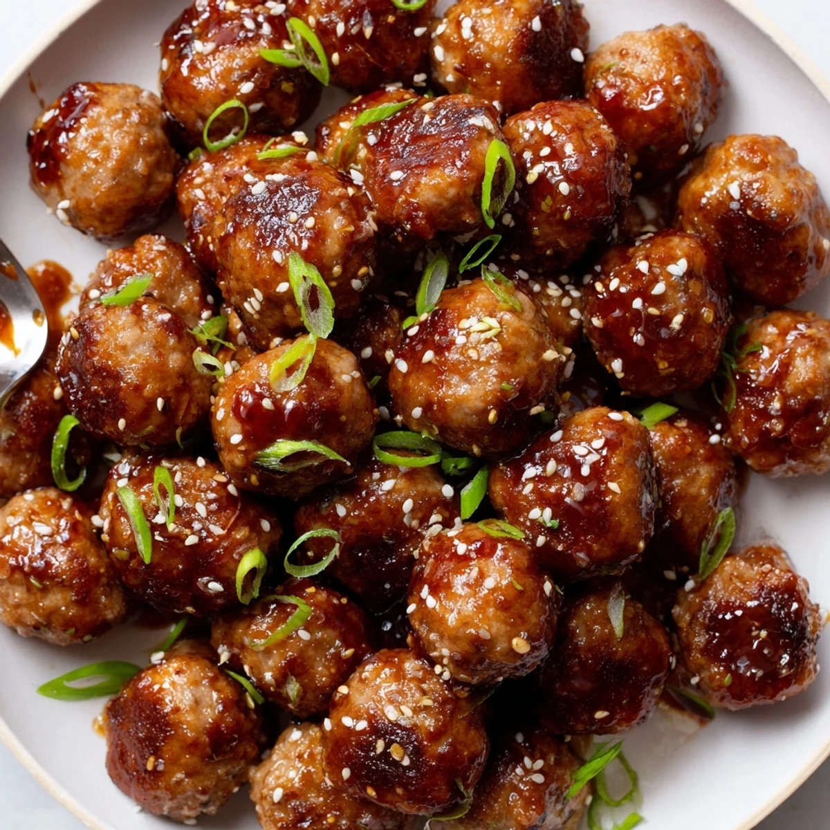 Baked Firecracker Meatballs piled on white rice, steaming, tangy heat.