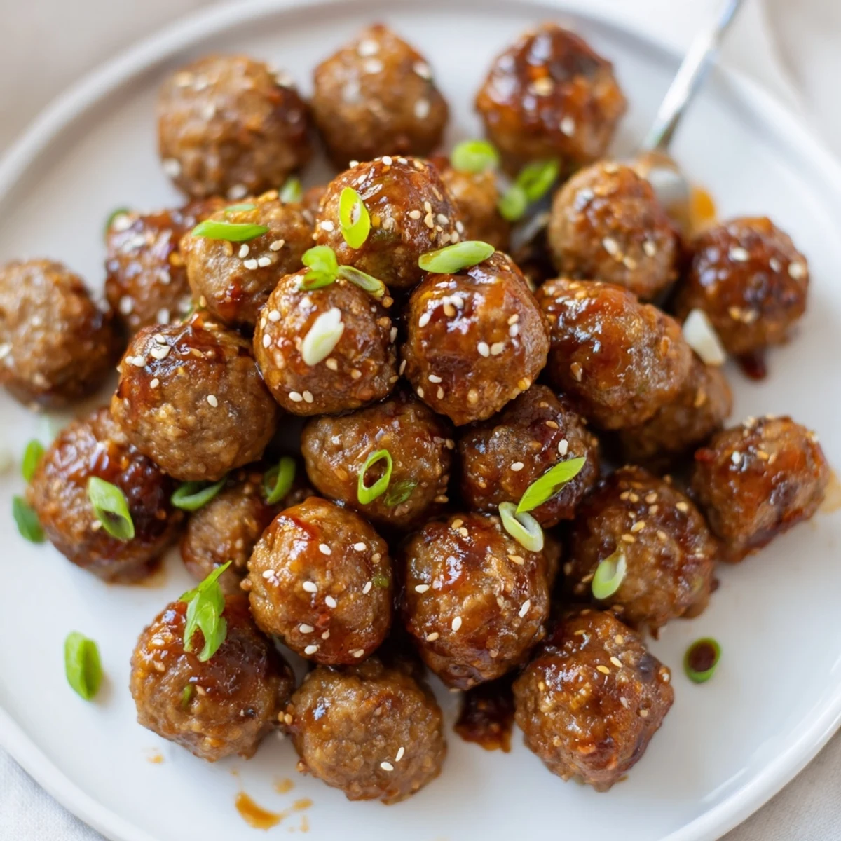 Crisp-edged Firecracker Meatballs tossed in buttery hot sauce, scallions as garnish.