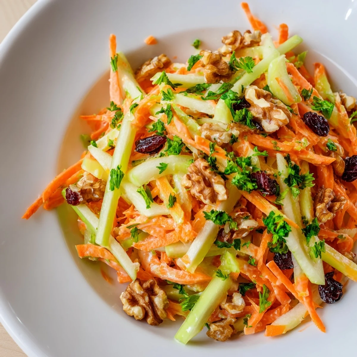 Crunchy Apple Carrot Salad With Creamy Citrus Dressing served chilled, topped with walnuts