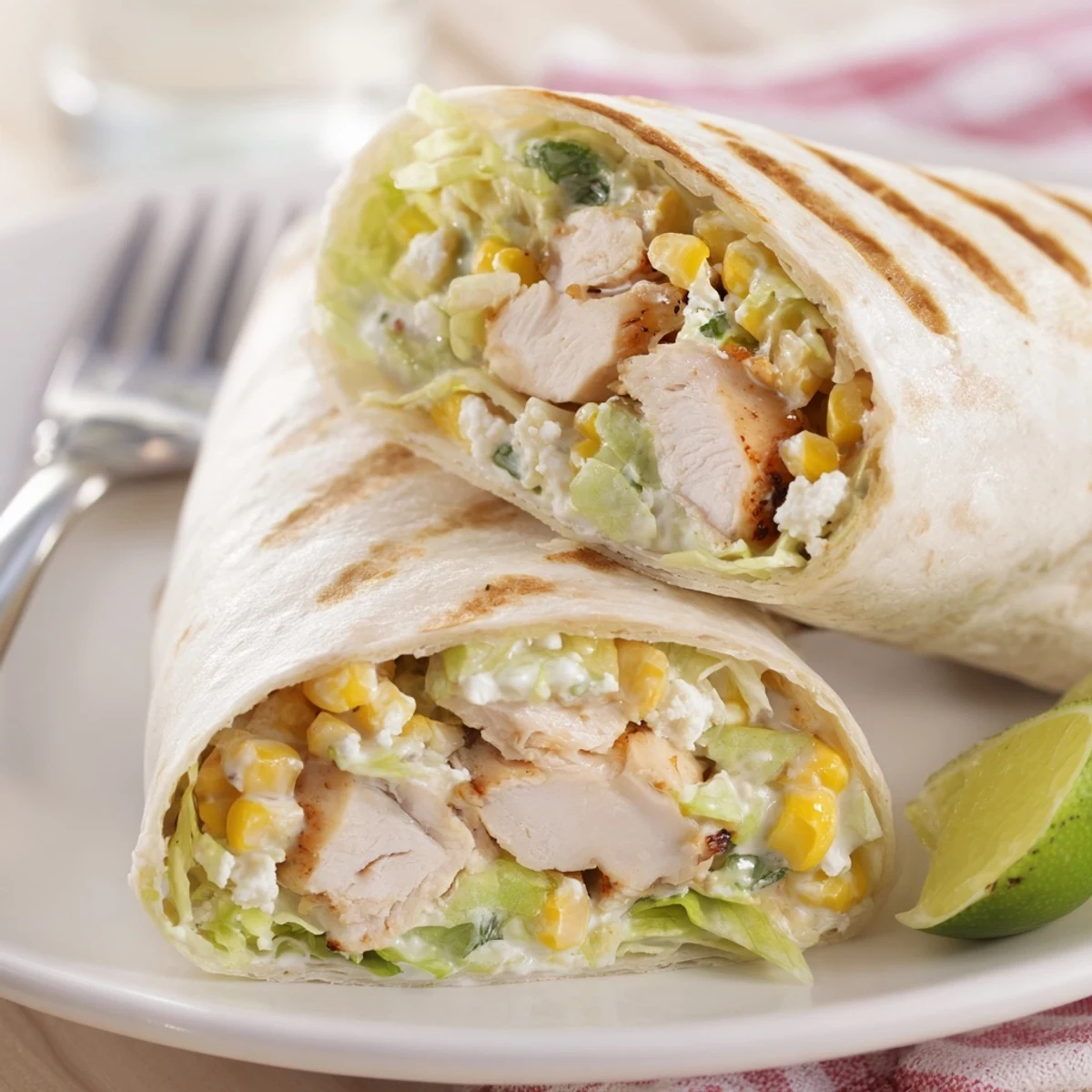 Quick Mexican Street Corn Chicken Wraps on plate, charred corn, lime wedge.