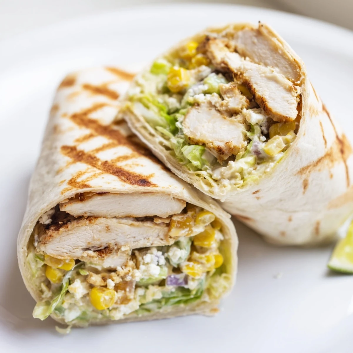 Handheld Quick Mexican Street Corn Chicken Wraps steaming, grilled chicken and cilantro.