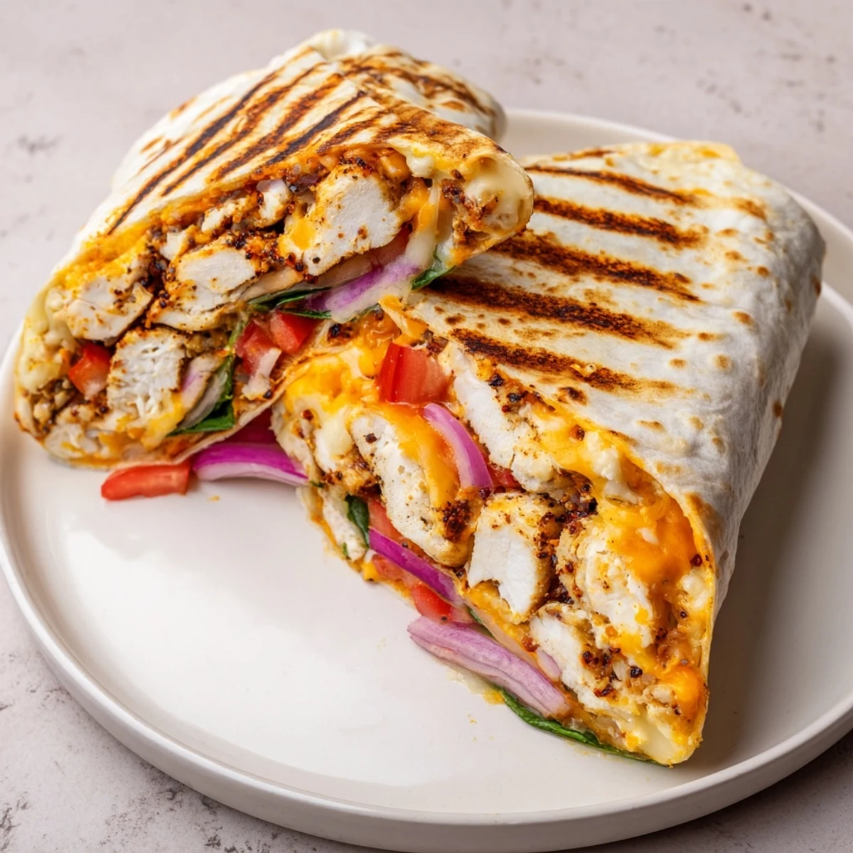 Cozy Cheesy Garlic Chicken Wraps oozing melted cheese, golden grilled and steaming, sliced