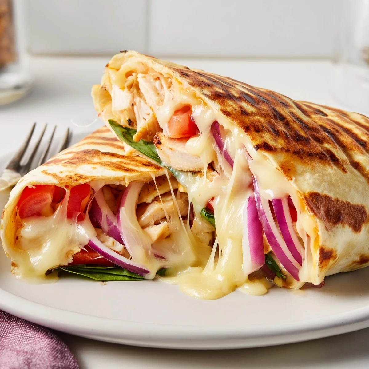 Pan seared Cozy Cheesy Garlic Chicken Wraps with warm tortillas and fresh spinach