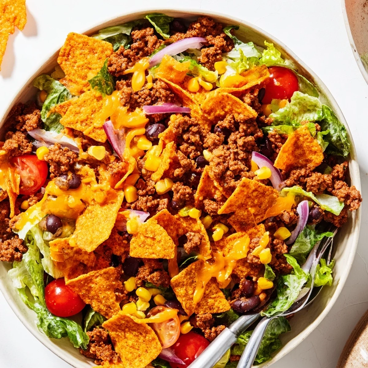 Simple Doritos Taco Salad with warm seasoned beef, crunchy chips, zesty ranch.