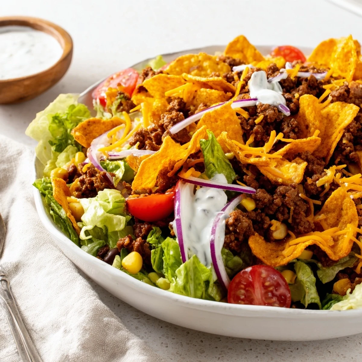 Bowl of Simple Doritos Taco Salad topped with shredded cheddar and tomatoes.