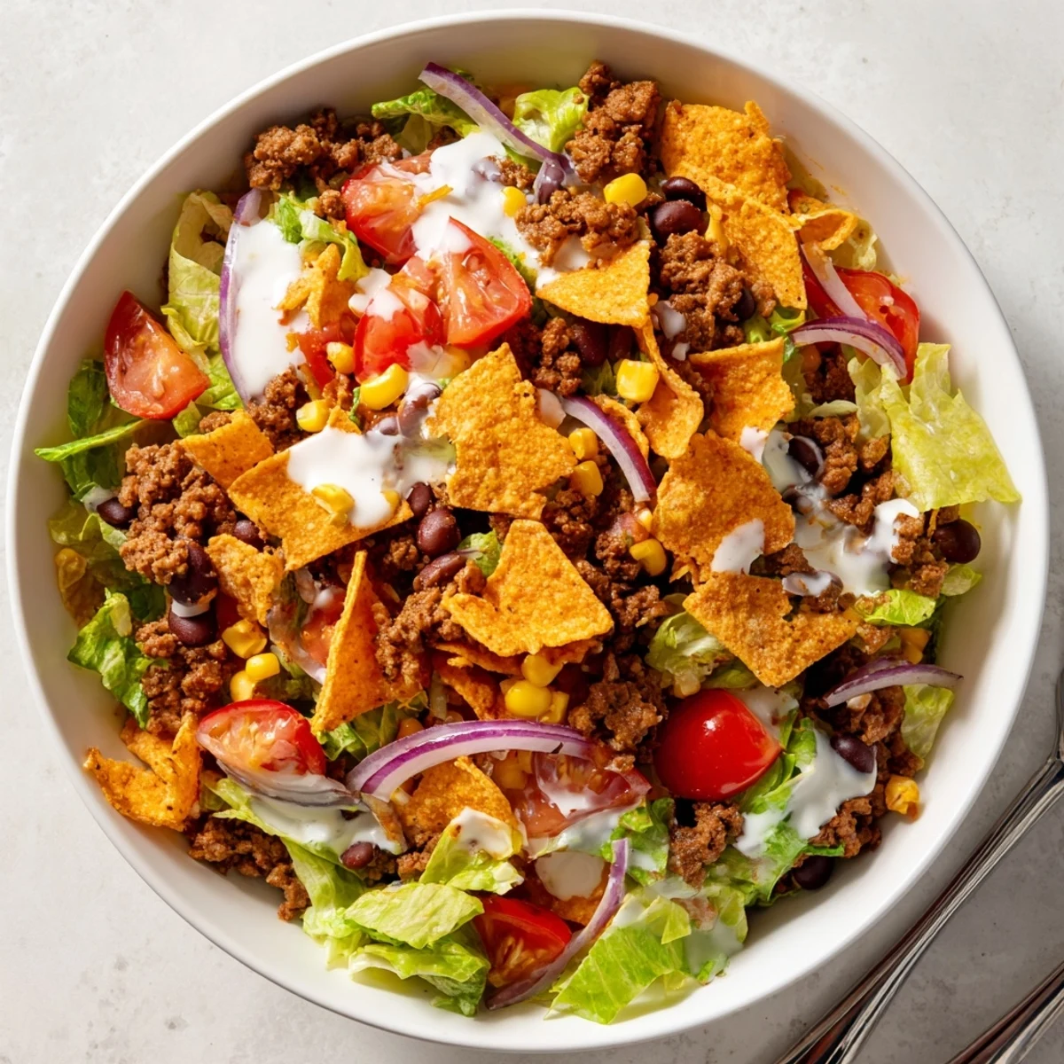 Bright Simple Doritos Taco Salad served immediately for peak crunch and flavor.