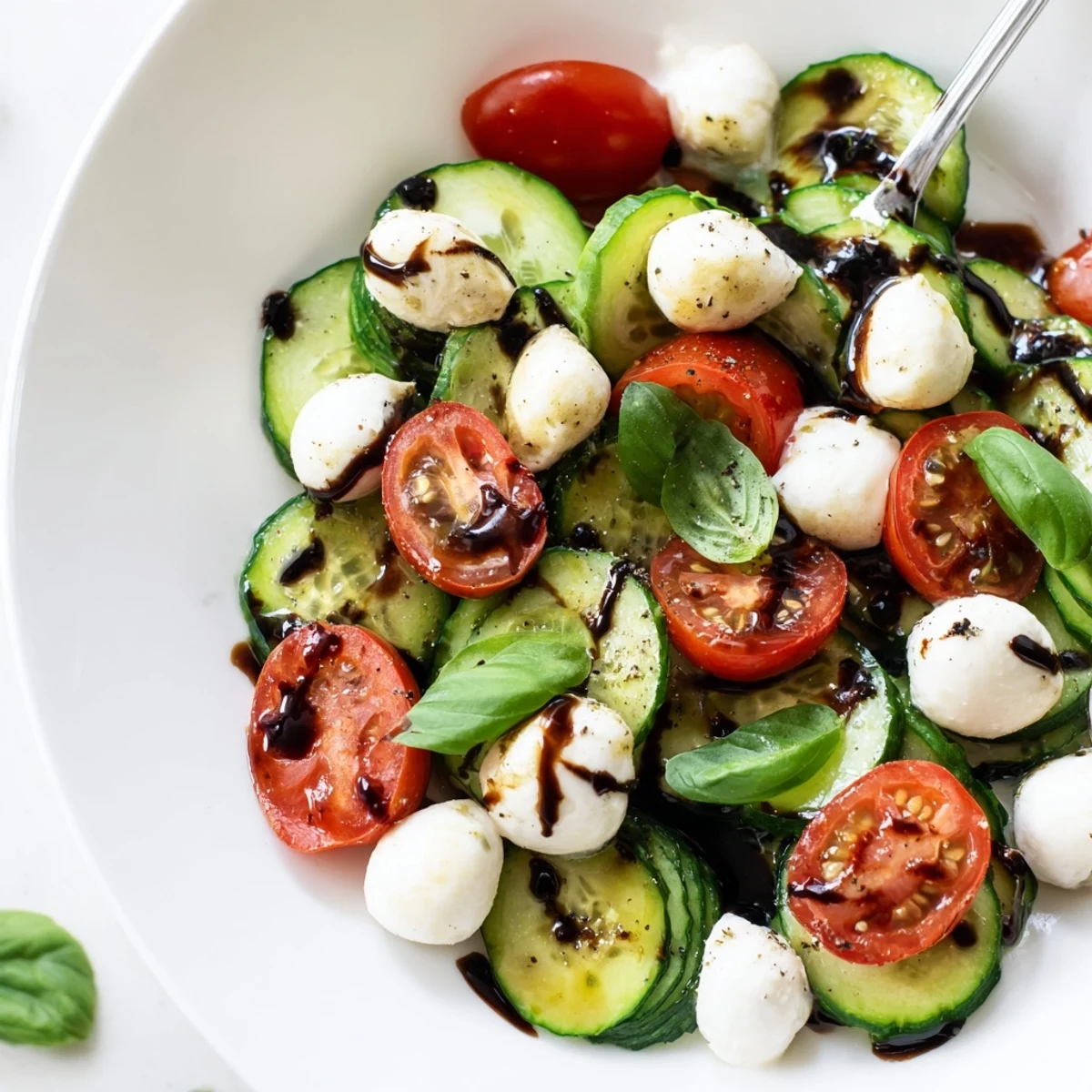 Juicy Cucumber Caprese Salad glistening with balsamic glaze, basil and mozzarella.