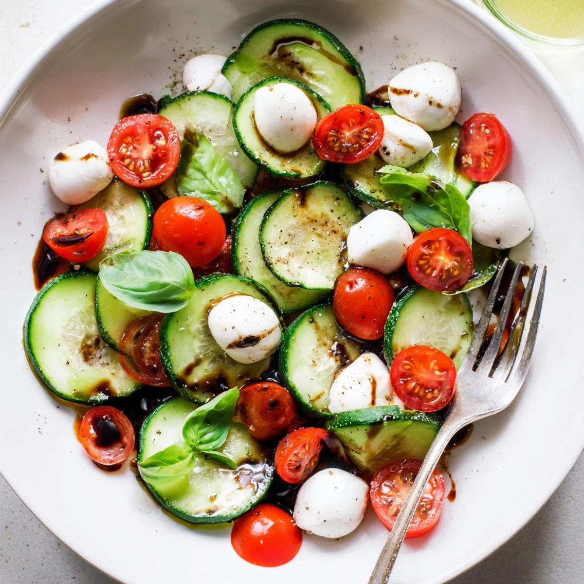 Bright Juicy Cucumber Caprese Salad tossed in olive oil, chilled, refreshing.