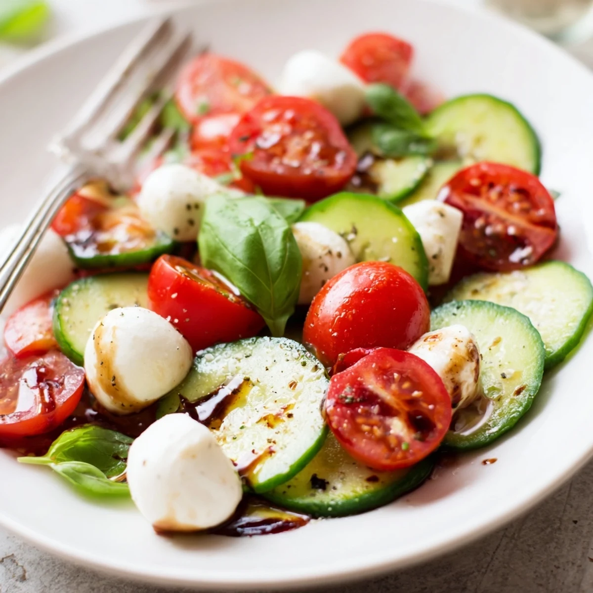 Perfect for summer, Juicy Cucumber Caprese Salad on platter, juicy tomatoes and torn basil.