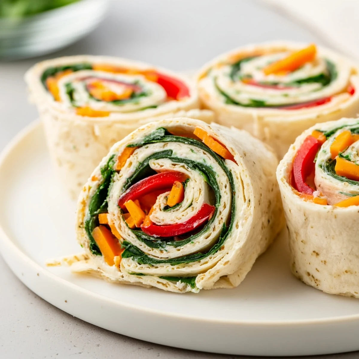 Stack of chilled Pinwheel Sandwiches with spinach, shredded carrot, and cheddar