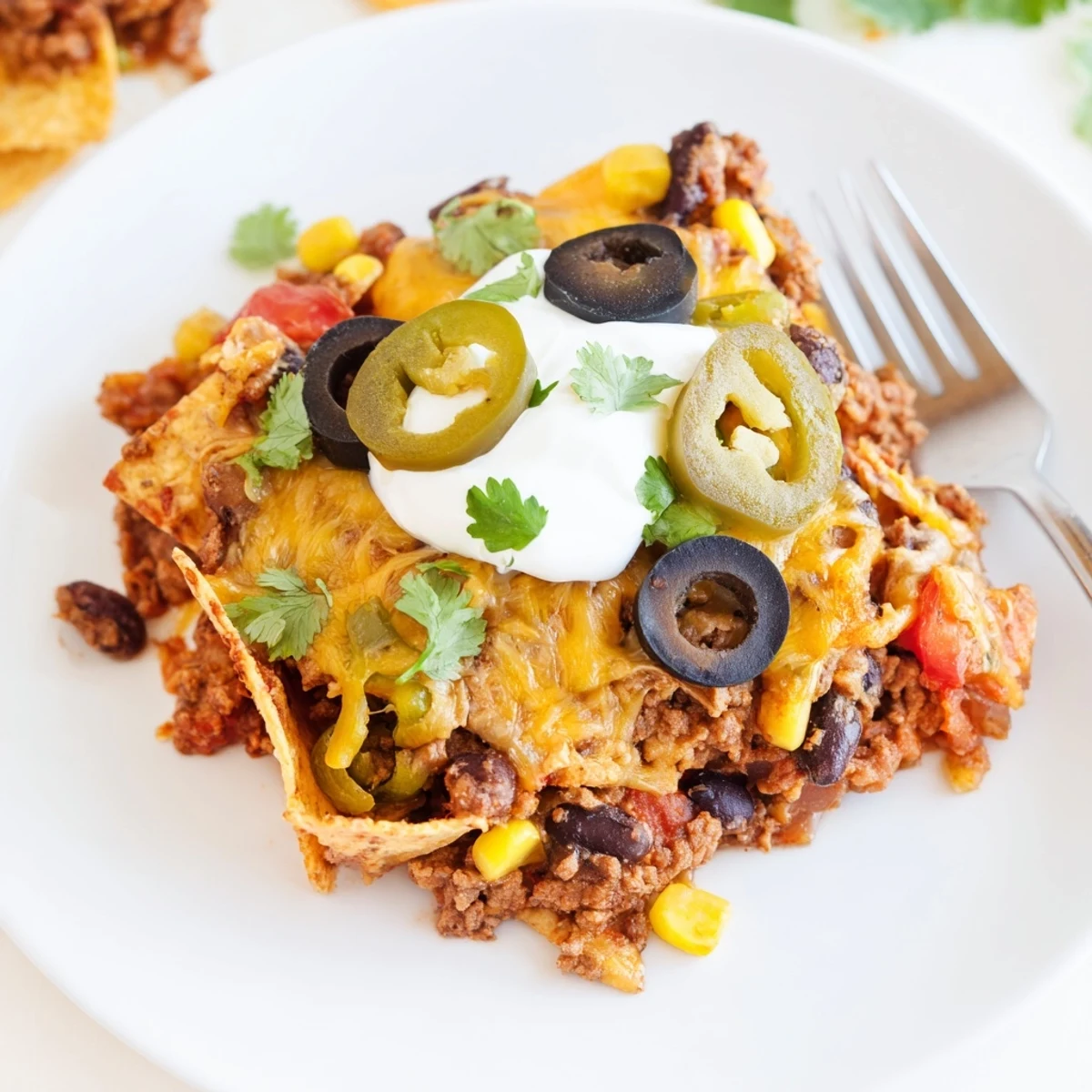 Cheesy Nacho Casserole bubbling golden cheese over seasoned beef and crushed chips
