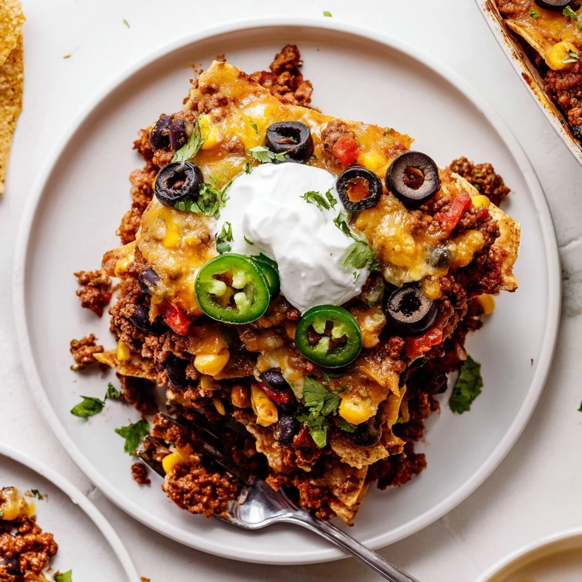 A heap of Cheesy Nacho Casserole crowned with melted cheddar and olives