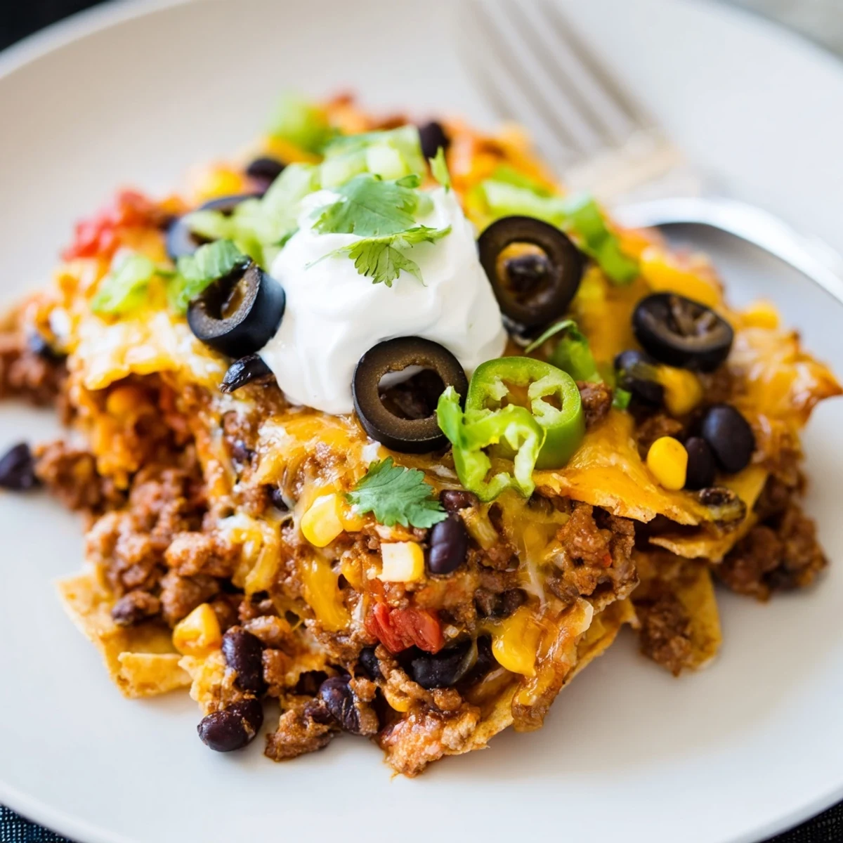Baked Cheesy Nacho Casserole served steaming on a plate with guacamole