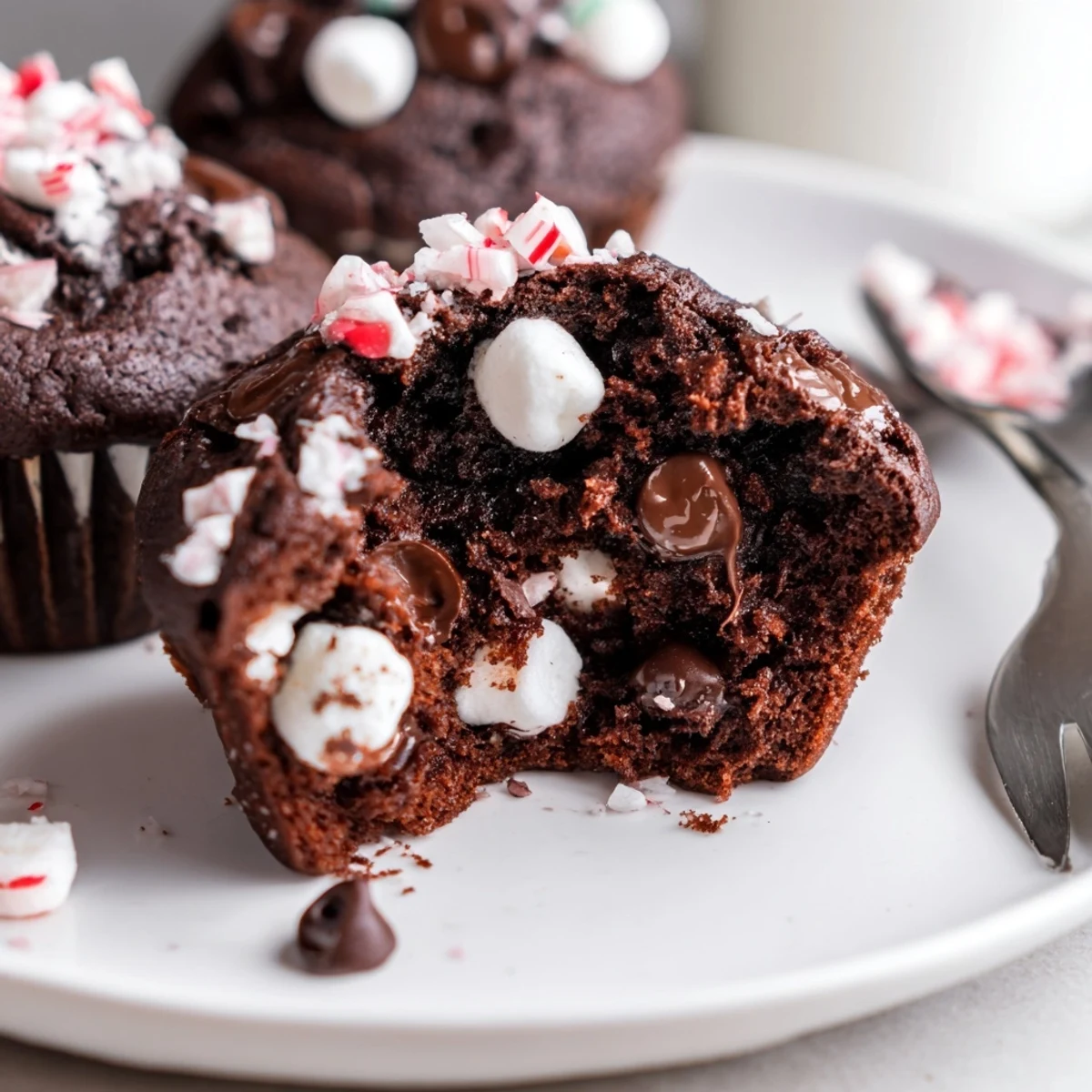 Warm Peppermint Hot Chocolate Muffins topped with melting chocolate chips and marshmallows
