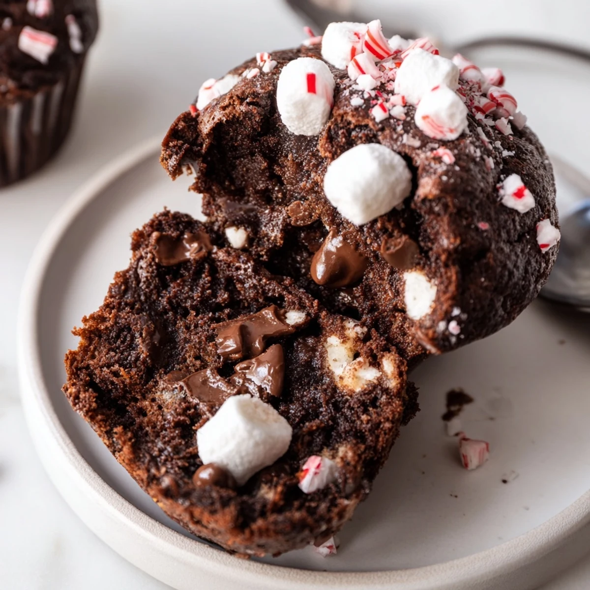 Peppermint Hot Chocolate Muffins beside a mug, chocolate melting, cozy winter treat