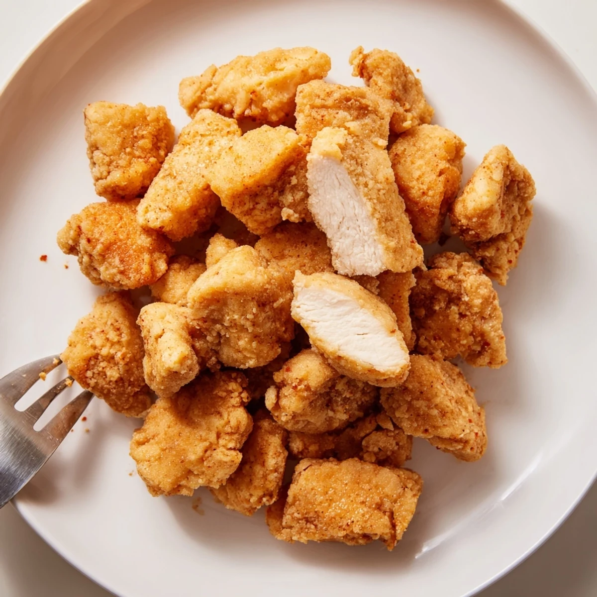 Golden, crispy Chicken Bites piled on a plate with ranch dipping  