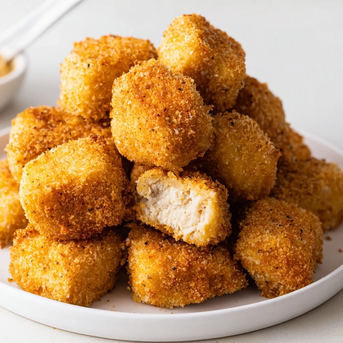 Party-ready Chicken Bites coated in crunchy crust, served hot with honey