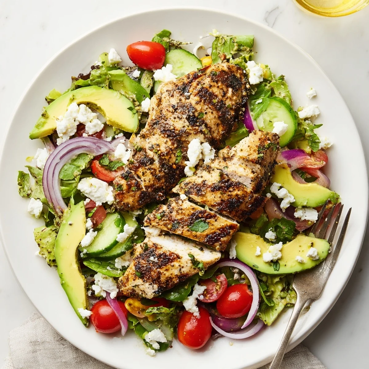 Bright Grilled Chicken Salad Avocado Herb Dressing Recipe served over crisp mixed greens for lunch.
