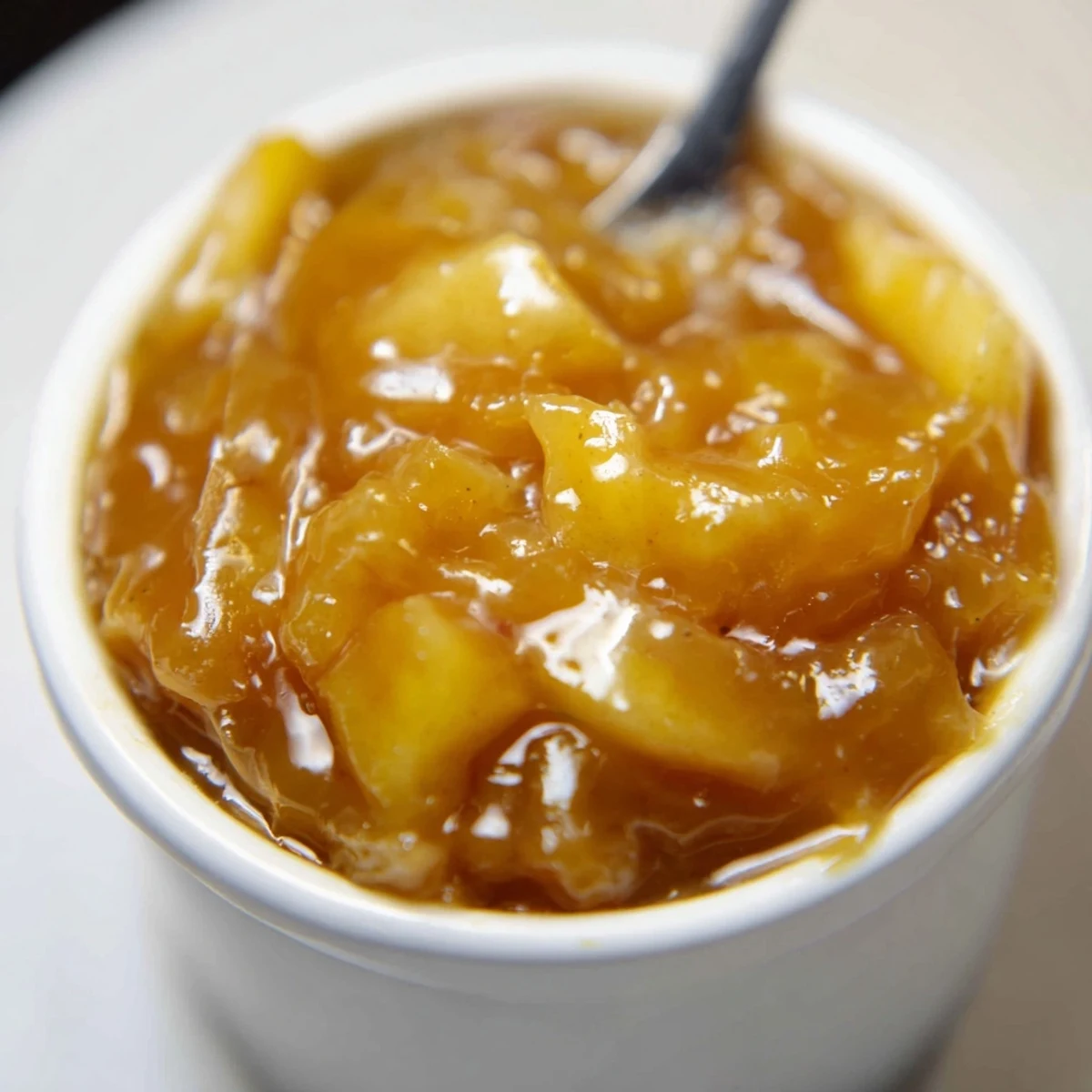 Fall Caramel Apple Jam glistening in jar, golden chunks, cinnamon aroma