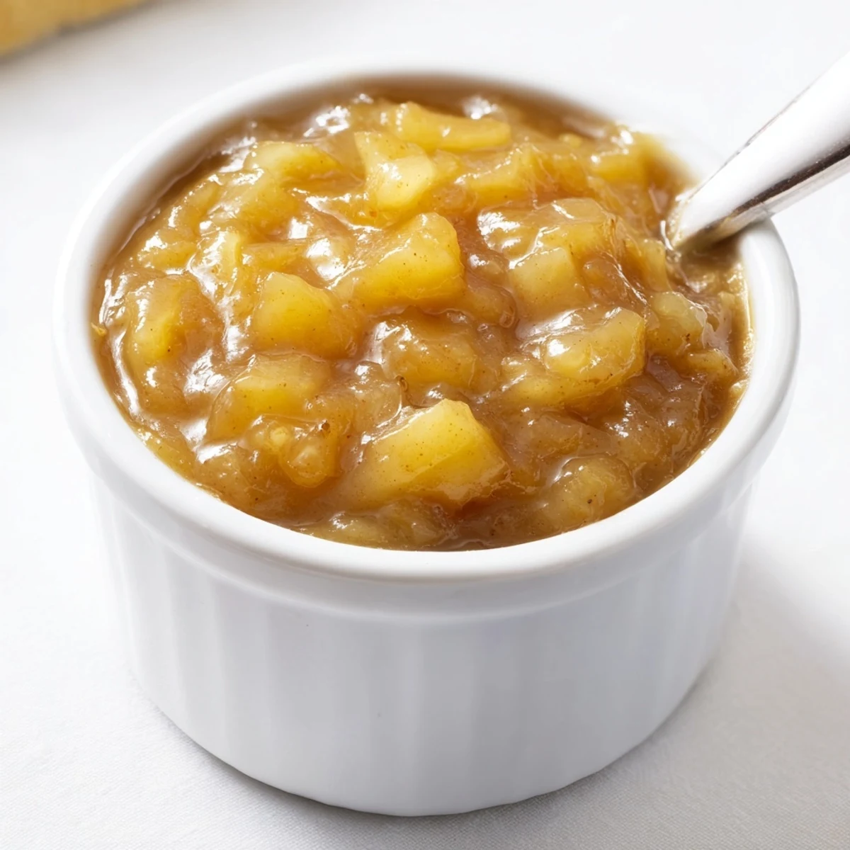 Homemade Fall Caramel Apple Jam simmering in pot, chunks and spice