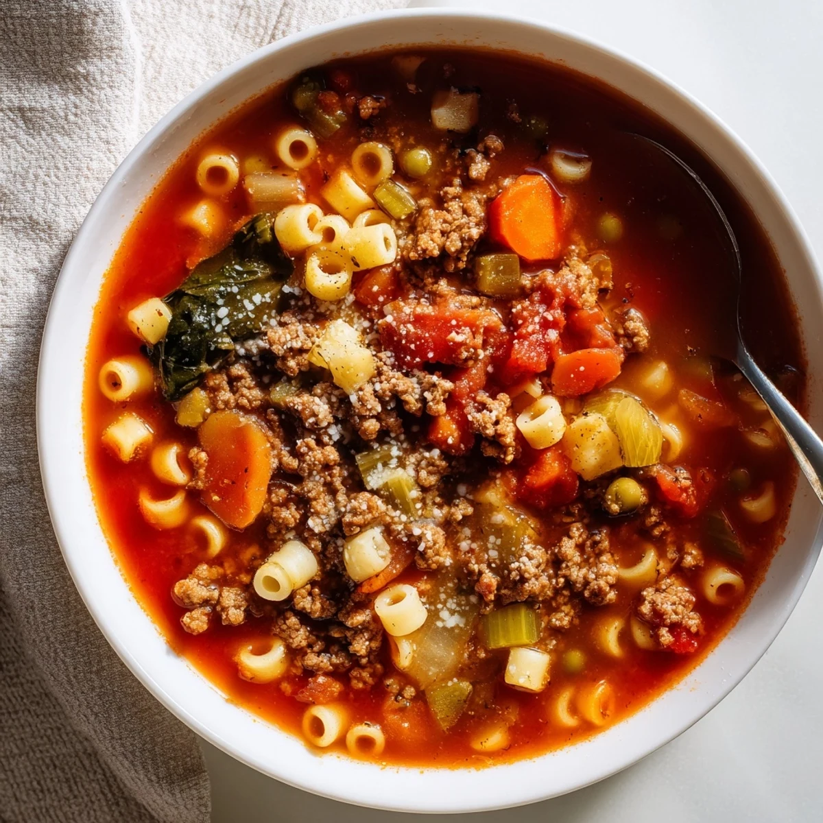 Steaming Delicious Homemade Ground Beef Pasta Soup Recipe For Comfort served with Parmesan.