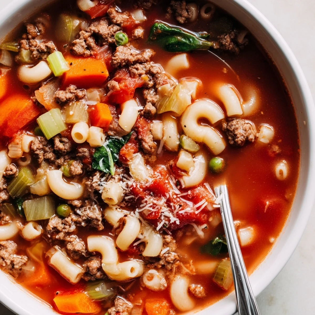 Hearty bowl showcasing Delicious Homemade Ground Beef Pasta Soup Recipe For Comfort, veggies visible.