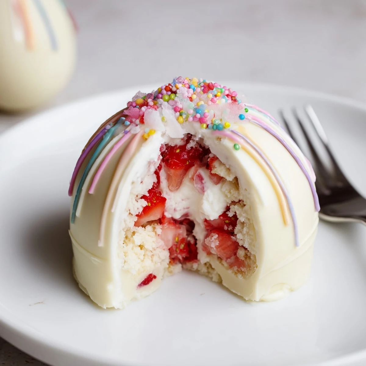 Strawberry Shortcake Easter Egg Bombs with creamy filling, crunchy shortcake, festive sprinkles.