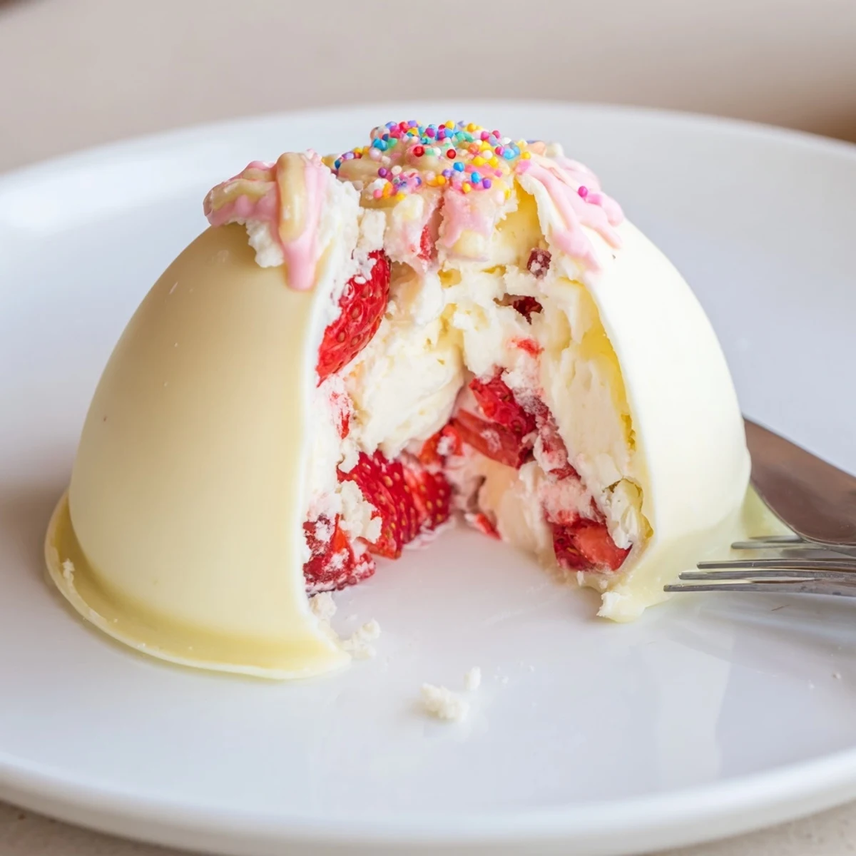 Decorated Strawberry Shortcake Easter Egg Bombs chilled on plate, sweet strawberry aroma.